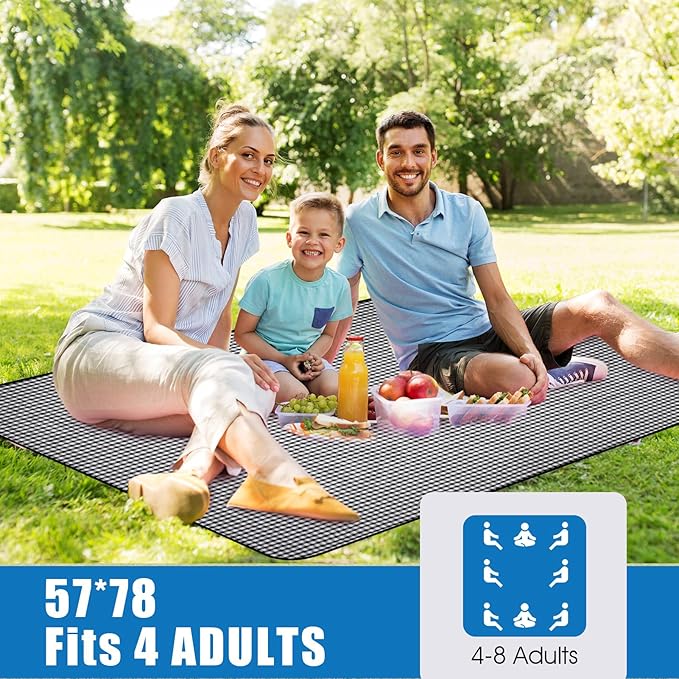 Picnic Outdoor Blankets Waterproof Extra Large - Beach Mat Sand Free Foldable with Carry Strap | Portable Camping Blanket | Park Blanket for Grass Park, Hiking, Travel, Concerts, Indoor (Black)