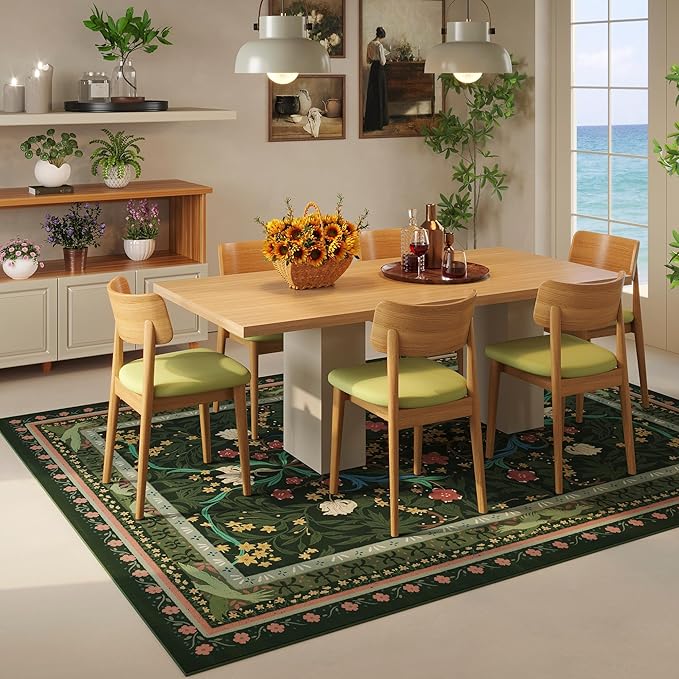 5x7 Washable Rug Vintage Floral Botanical Area Rug Non Slip Low Pile Large Rugs for Living Room, Bedroom, Farmhouse, Dining Room, Kids Playroom, Green