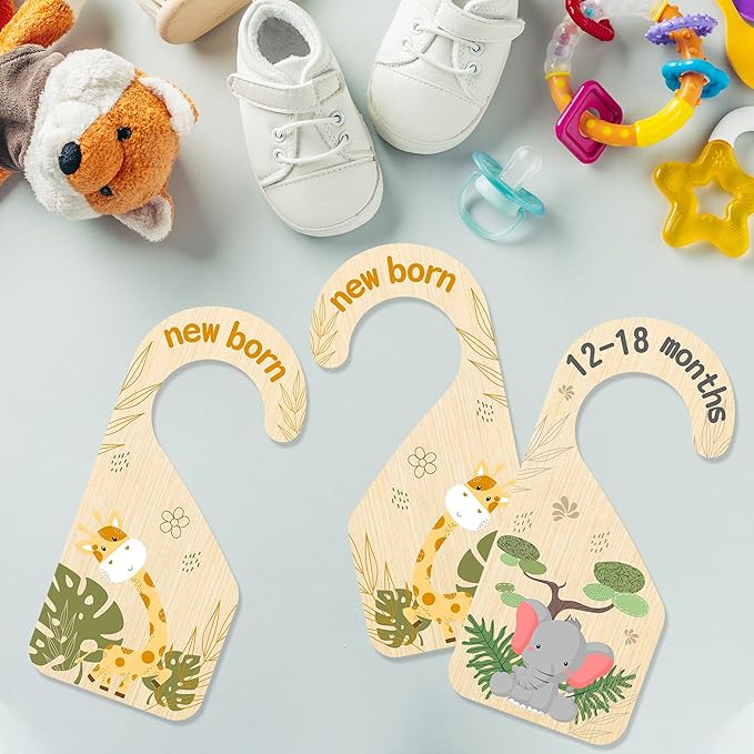 R HORSE 8Pcs Safari Baby Closet Dividers, Double Sided Nursery Hanger Dividers Wood Baby Closet Size Organizers for Boy Girl Birthday Christmas Gift (0-24 Months)