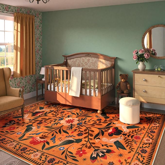 Moynesa Washable Rugs 8x10, Ultra Thin Boho Bird Living Room Area Rug Stain Resistance, Indoor Soft Orange Floral Large Easy Clean Carpet for Bedroom Dining Room Under Table Kid Playroom