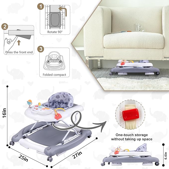 Foldable Baby 5-in-1 Activity Walker - Rocker, Activity Center, Bouncer, Seat, Push Walker - Adjustable Speed Rear Wheels and Height Toys Ages 6-18 Months (Grey)