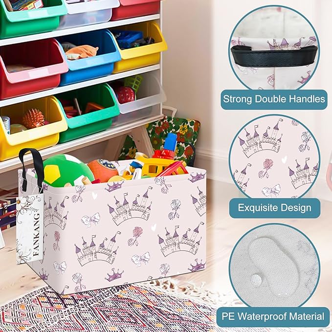 FANKANG Storage Bins, Nursery Hamper Canvas Laundry Basket Foldable with Waterproof PE Coating Large Storage Baskets for Kids Boys and Girls, Office, Bedroom, Clothes,Toys(Rec-Princess Castle