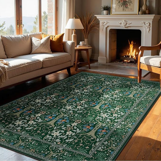 Joydeco Floral 5x7 Area Rugs for Living Room, Boho Dark Green Washable Rug Non Slip, Soft Low-Pile Botanical Forest Indoor Floor Throw Carpet for Office Dining Table Playroom Dorm
