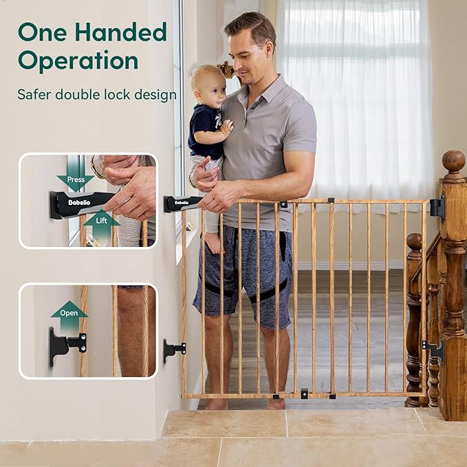 Babelio 34" Extra Tall Baby/Dog Gate with No Threshold Design Walk Thru Door, 26-43" Auto Close Safety Gate for Babies, Elders and Pets, Fits Doorways, Stairs, and Entryways, Brown Wood Pattern
