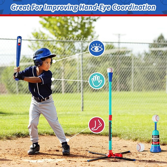 3-in-1 Baseball Set for Kids: Hanging Batting Tee + T Ball Stand Set Auto Ball Launcher for Toddlers & Youth Adjustable Height with 6 Balls 2 Bats Outdoor&Indoor Toys Sports Gifts for 3-12 Years Old