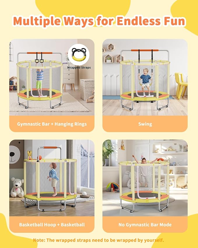 55” Trampoline for Kids, Powder-Coated Mini Trampoline for Toddlers, Indoor Outdoor Toys with Adjustable Gymnastics Bar, Swing, Basketball Hoop, Birthday Gifts for Boys & Girls Ages 1-8