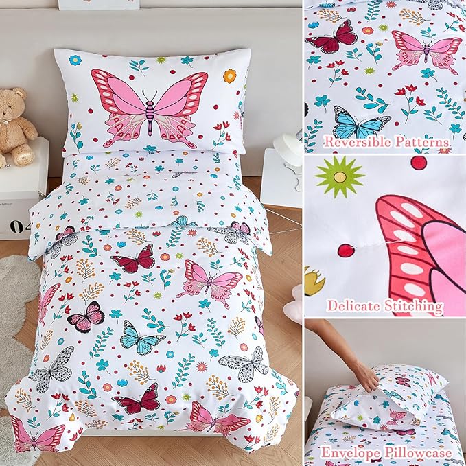 PERFEMET 4-Piece Girls Butterfly Bedding in Pink Floral - Reversible Colorful Flower Toddler Bed Comforter Set for All Season (White, Butterfly)