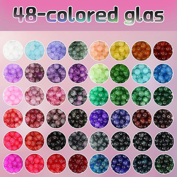 JULIMAIDONG 8mm Glass Beads for Bracelets 2100pcs, 48 Colors Round Crystal Glass Bracelet Making Kit for Jewelry Making Kits Bead DIY Crafts with Spacer Charms Accessories (48Color(Solid+Printing)