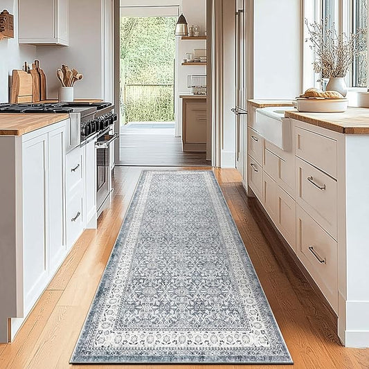 jinchan Hallway Runner Rug 2x8 - Machine Washable Grey Vintage Floral Distressed Design Soft Non-Slip Low-Pile Ultra-Thin Runner Rug for Kitchen Laundry Room Bedroom Farmhouse (2‘x8',Grey)