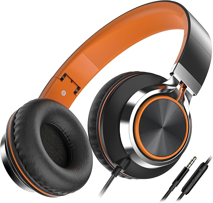 Kids Headphones, Headphones Wired with Microphone and Volume Control Folding Stereo Corded On-Ear 3.5mm Headset for Boys Girl Cellphones Tablets Chromebook Laptop Computer (Black/Orange)