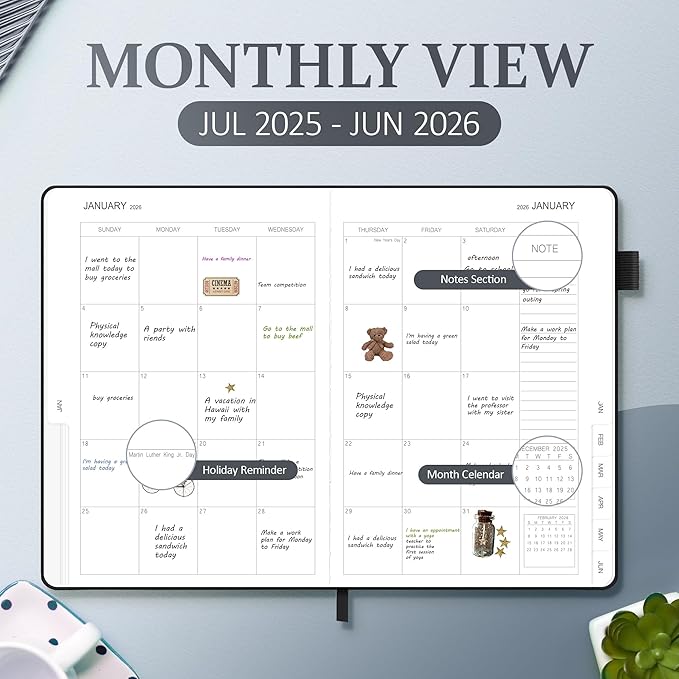 2025-2026 Planner for Women, Lather Weekly & Monthly Organizer, July 2025-June 2026, Hardcover with Gold Foil, Tabs, and Inspirational Pages - Ideal for Professionals, Black