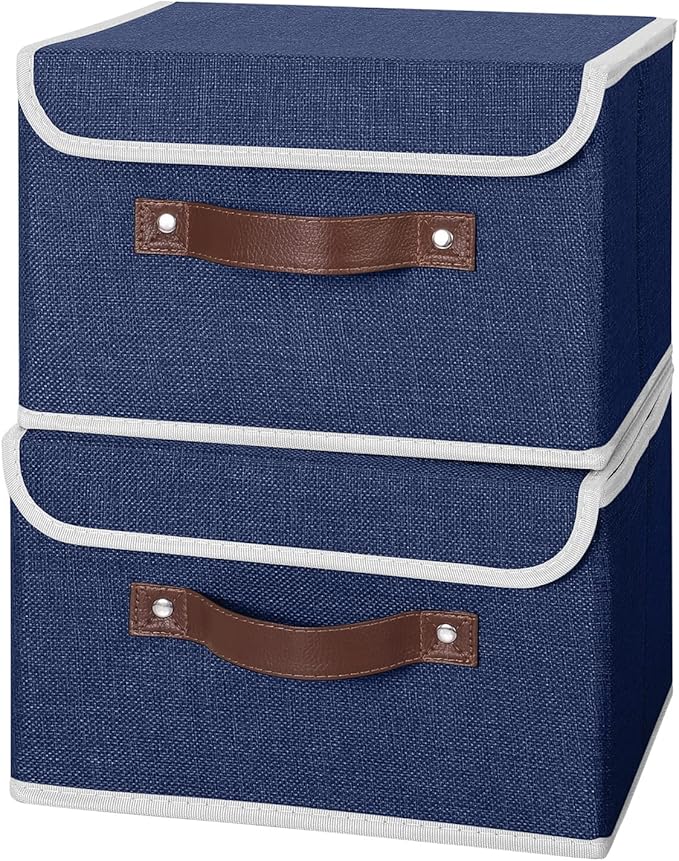 ANMINY 2PCS Storage Bins with Lid PU Leather Handles Storage Boxes PP Plastic Board Decorative Foldable Lidded Cotton Linen Fabric Home Cubes Baskets Closet Organizer Containers - Blue, Small Size
