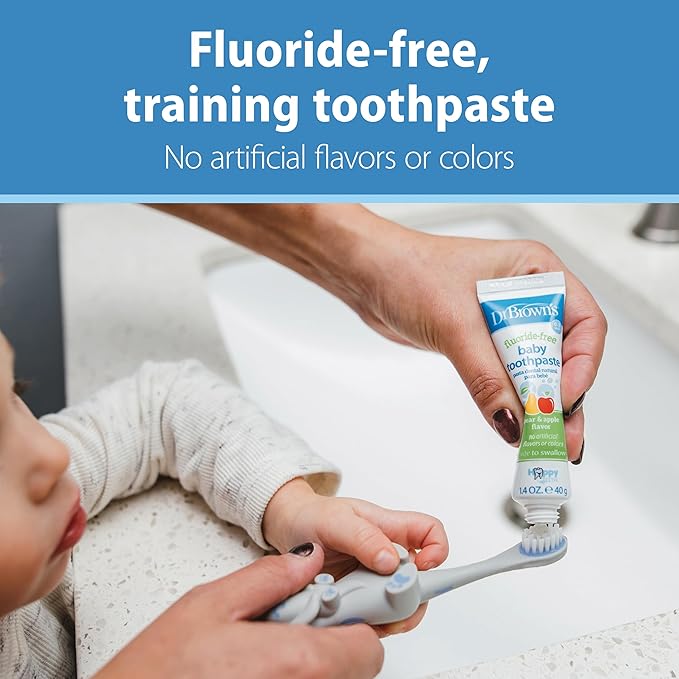 Dr. Brown's Infant-to-Toddler Training Toothbrush Set, Blue Elephant with Fluoride-Free Apple Pear Baby Toothpaste, 0-3 years
