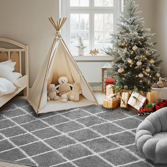 Fluffy Rug for Bedroom, 8X10Feet Stripe Checkered Rug Anti-Skid High Pile for Living Room Bedroom Kids Room Nursery, Dorm Home Decor