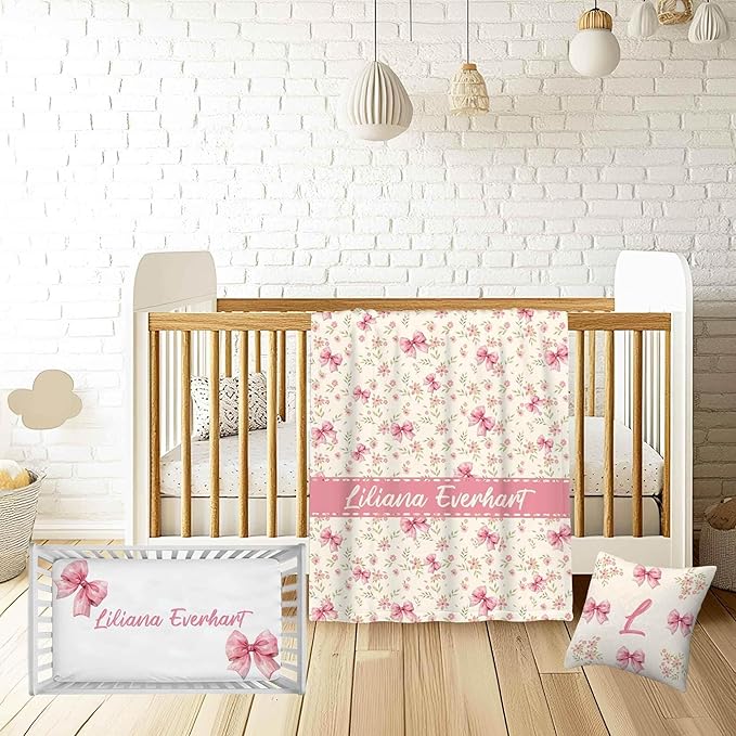 Personalized Baby Girl Crib Bedding Set – Custom Name Pink Bows 3-Piece Nursery Set with Soft Flannel Blanket, Fitted Sheet & Pillowcase – Infant & Toddler Bedding Gift