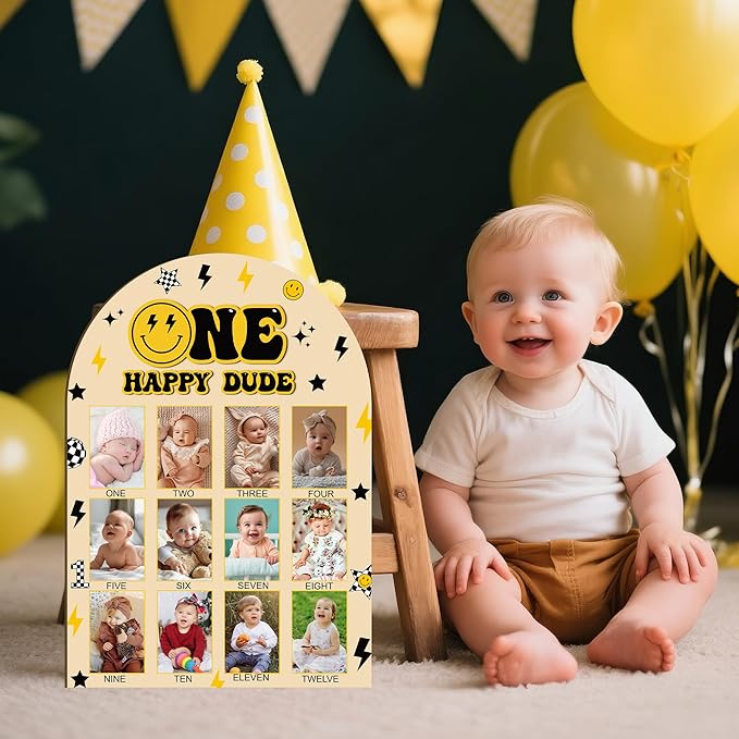 R HORSE My First Year Photo Frame Board, 3D One Happy Dude Birthday Decoration Display Wood Board, Baby Boy First Year Picture Frame 12 Months Milestone 1st Birthday Nursery Decor Gift