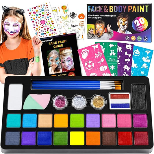 Face Painting Kit for Kids - 20 Colors Water Based Non-Toxic Paint With Stencils & Brushes - Professional Body Makeup Kit for Parties, Birthdays, Halloween