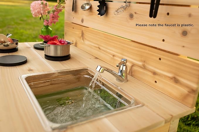 Noble Toys Mini Mud Kitchen with Functional Stovetop Sink for Kids | Pretend Play Toddler Table with Running Water | Outdoor Playset Working Sink | Real Wooden Kitchens | Preschool Equipment