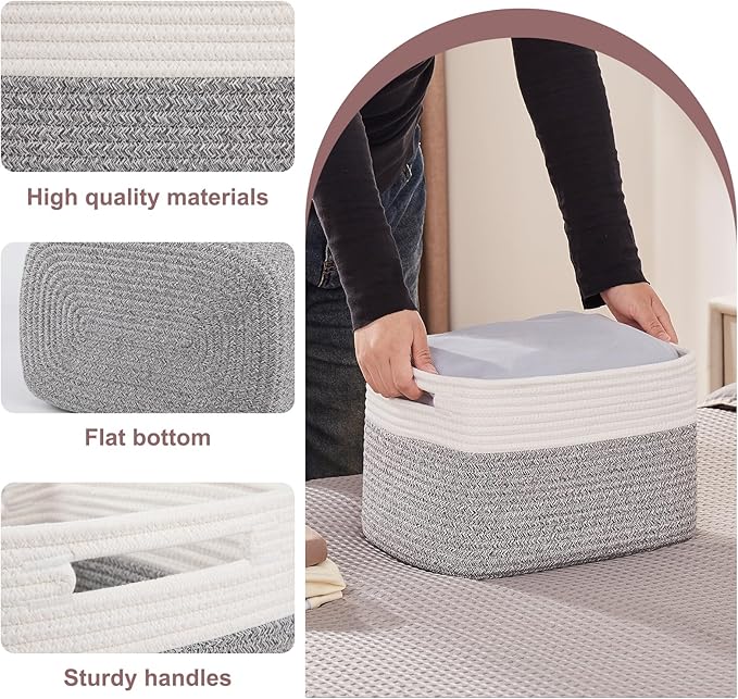 OIAHOMY 4 Pack Storage Baskets for Organizing, Basket for Shelves with Handle, Woven Baskets for Storage Toys, Towels, Books, Cotton Rope Basket 13" L x 9 " W x 7.8 " H, Grey & White