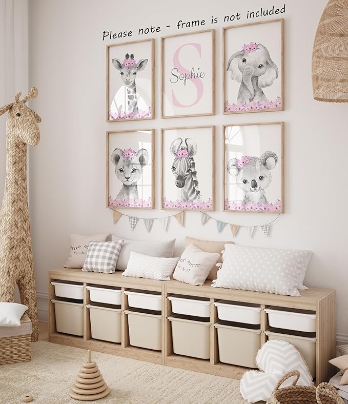 Personalized Safari Animals for Baby Girls Nursery Bedroom Unframed Set of 6 Poster Prints, Personalized Name Pink Purple Flowers Wall Art Decor New Baby Gift Present, Elephant Giraffe Panda Zebra Lion (9x12)