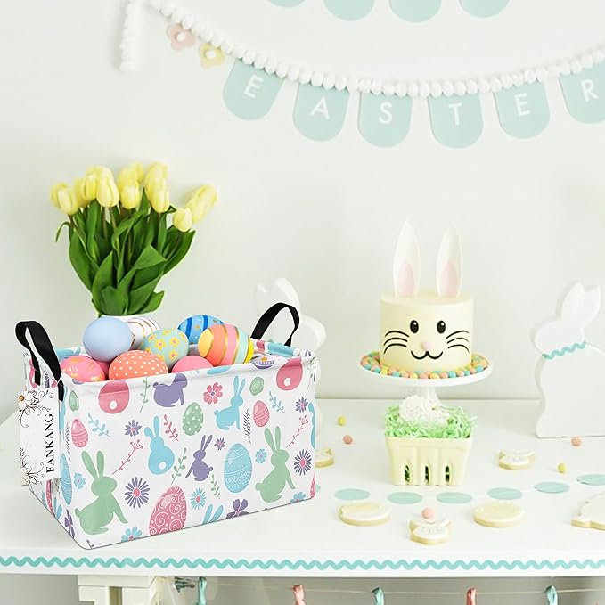 FANKANG Storage Bins, Nursery Hamper Canvas Laundry Basket Foldable with Waterproof PE Coating Large Storage Baskets for Kids Boys and Girls, Office, Bedroom, Clothes,Toys(Rec-Easter egg）