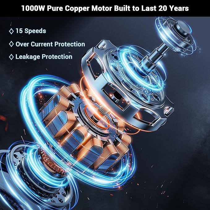 Immersion Blender RPM 16000±10% Hand Blender,15 Speed and Turbo Mode Hand Mixer, 3-in-1 Heavy Duty Copper Motor Stainless Steel Smart Stick with Egg Beaters and Chopper