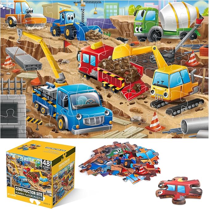 Jumbo Floor Puzzle for Kids,Construction Site Jigsaw Large Puzzles,48 Piece Construction Vehicle Puzzle for Toddler Ages 3-5,Children Learning Preschool Educational Toys,Gift for 4-8 Years Old