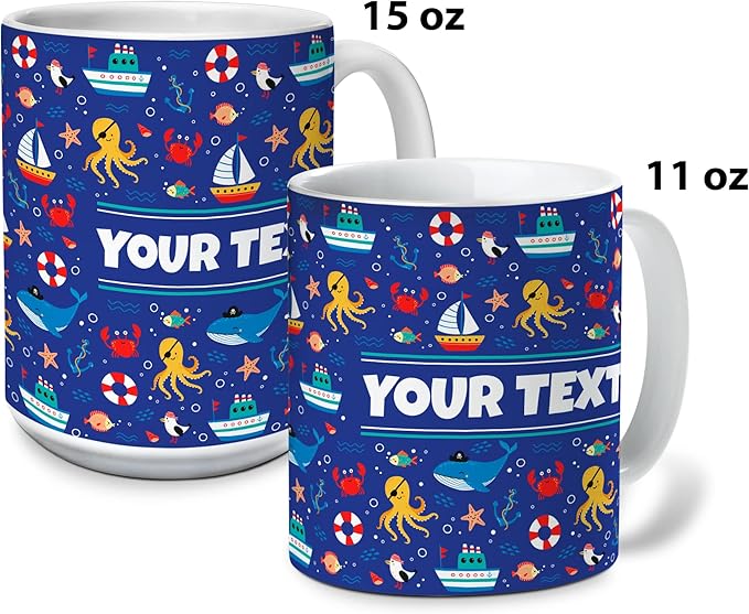 Personalized Mug for Kids - Nautical - Custom Name/Text, Ceramic Hot Chocolate/Cocoa/Coffee Cup for Boys/Girls, Birthday/Christmas/Holiday Gift - 15 oz, White Handle