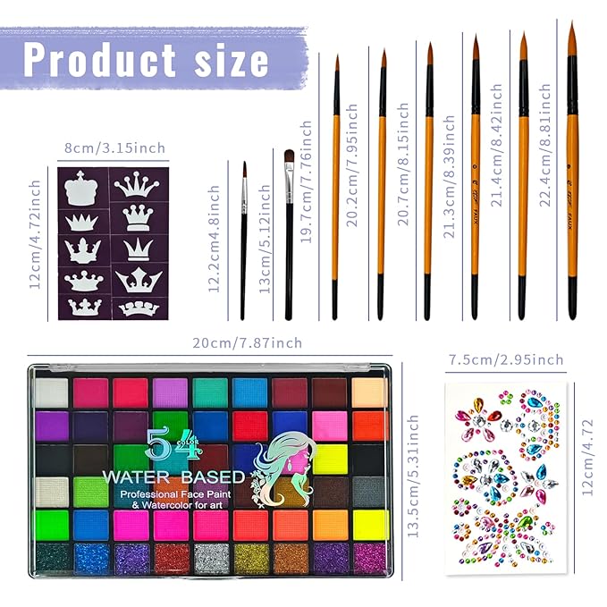 Face Painting Kit, 54 Colors Water Activated Face Paint Palette with Stencils, Brushes, Gems for Halloween Makeup, Parties, Carnival, School Event & Festivals
