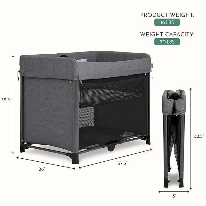 Evolur Zane Portable Playard with Instant Fold, Removable Mattress Cover & Full-Size Zipper Bassinet – Lightweight Travel Crib for Infant (0–18 Months) Grey