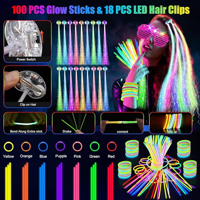 148 PCS Glow in the Dark Party Supplies, 16 Fiber Optic Wands, 14 LED Glasses, 100 Glow Sticks and 18 LED Hair Clips Fiber Optic for Neon Party, Wedding, Birthday, Concert, New Year