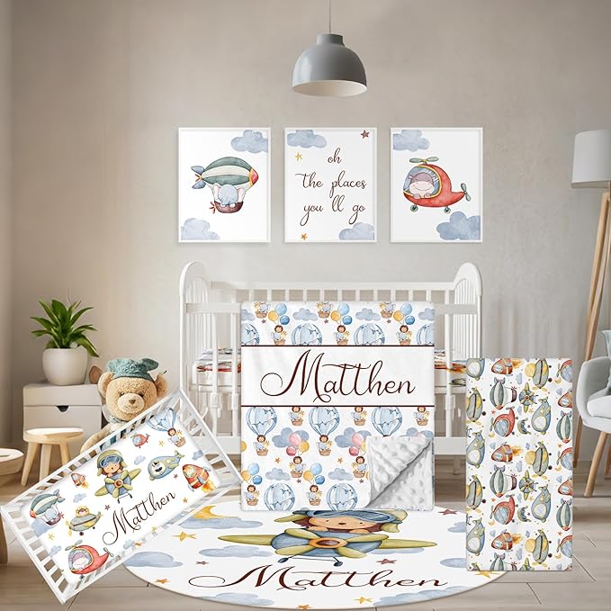 Personalized Crib Bedding Set, 5 Pcs Custom Name Nursery Bedding Set with Double Layer Flannel Blanket, Pilot Animals Baby Crib Set for Boys Girls, Customized Gifts for Toddlers Infants Babies