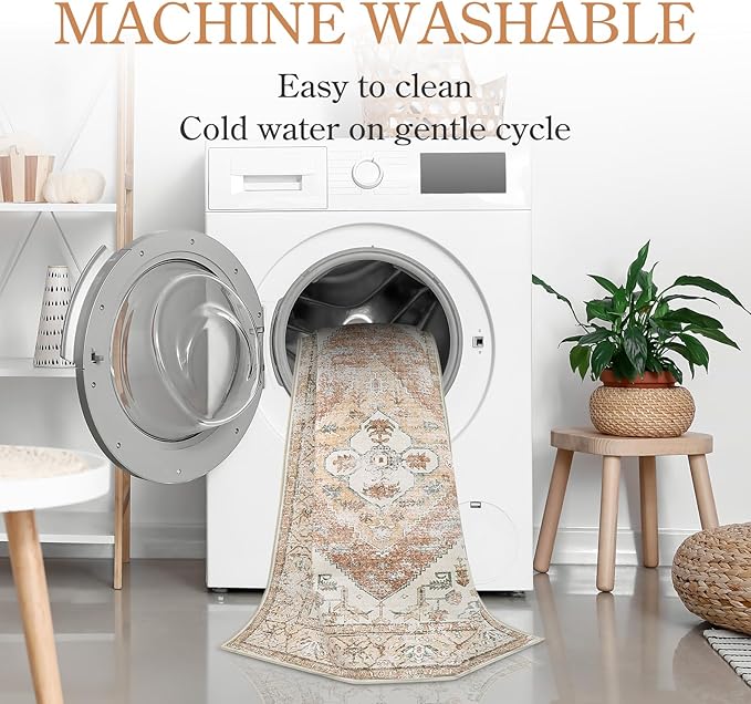 Lahome Boho Washable Runner - 2x5 Rug Runner Non-Slip Lightweight Laundry Room Rug Throw Non-Shedding Long Bathroom Carpet, Oriental Accent Print Indoor Carpet for Kitchen Hallway Bedroom