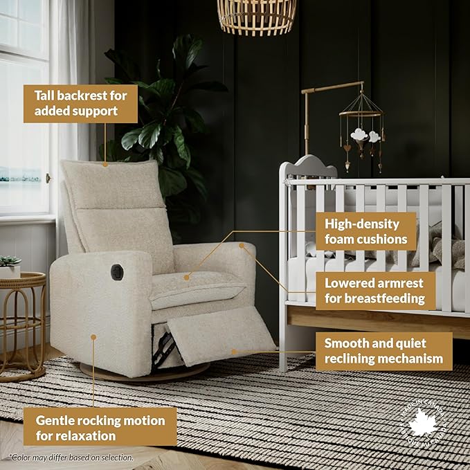 Jaymar Arya Modern Nursery Glider Recliner Chair – Cozy Nursing Chair with 360° Swivel for New Parents, Gentle Motion, Compact Design, High Back & Low Armrests, Canadian Made (Sand/Puppy Fabric)