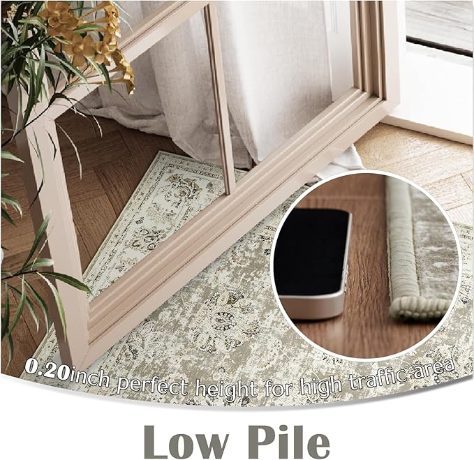 jinchan Washable Area Rug 4x6 Ultra-Thin Low Pile Non Slip Stain Resistant Soft Faux Wool Floral Rug Distressed Boho Vintage Carpet for Bedroom,Living Room,Dining Room,Kitchen,Nursery(Taupe, 4' x 6')