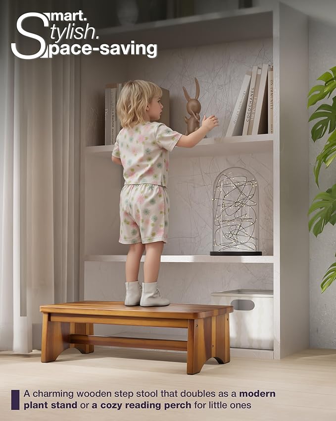 Extra Wide 26in Wooden Step Stool, Heavy Duty One Step Stool for Adults and Seniors, Holds Up to 550 lbs, Reinforced Cross Bar, Non-Skid Surface, Multipurpose Use for Kitchen, Bathroom, Bedroom