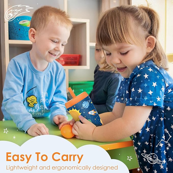 Kid Insulated Stainless Steel Tumbler with Silicone Straw, 12oz Sippy Cup for Kids (Outer Space)