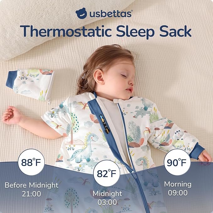 Baby Sleep Sack 3-6 Months, Cotton Detachable Long Sleeve Sleep Sack, 1.0 Tog Toddler Sleeping Sack with Temperature Strips, 2-Way Zipper Wearable Blankets for Newborns, Dinosaur