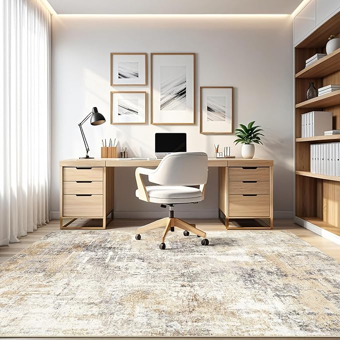 7x9 Area Rug Living Room: Machine Washable Large Abstract Modern Soft Rugs Stain Resistant Indoor Floor Non Slip Accent Carpet for Bedroom Nursery Playroom Office Dining Room Dorm Home- Gray Gold
