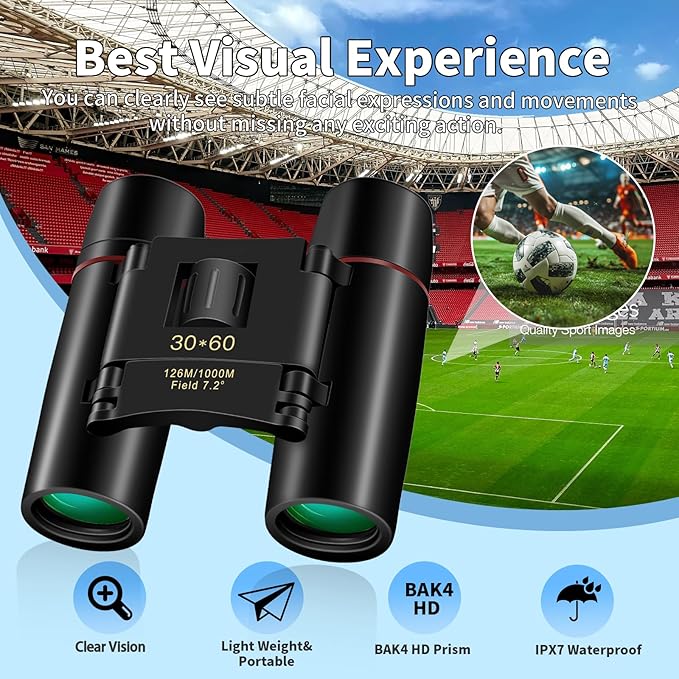 Compact 30x60 Binoculars for Adults,Suitable for Adults and Children Bird Watching Travel Sightseeing, Waterproof Lightweight Small Binoculars, with Clear Low-Light Vision