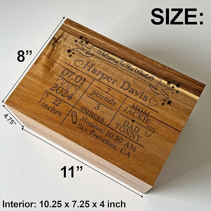 Custom Baby Gift Birth Stats - Newborn Keepsake Box for Memories - Custom Engraved Gift for Boy or Girl - New Born Memorabilia Boxes - Welcome to the World Memory Chest Baby Shower - 11 x 8 x 4.75 in