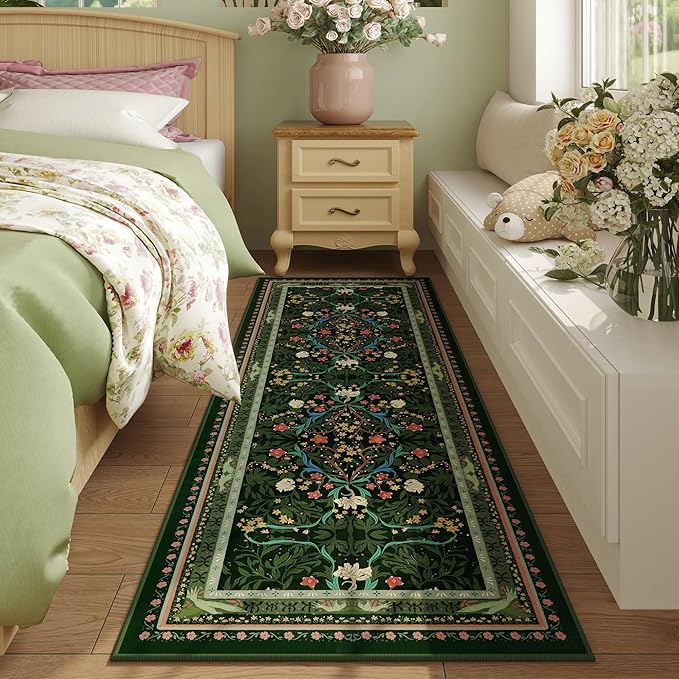 Runner Rug for Kitchen Rug Non Slip 2'x6' Washable Rugs with Rubber Backing Soft Vintage Floral Botanical Carpet Runner for Kitchen, Laundry, Bedroom, Bathroom, Green