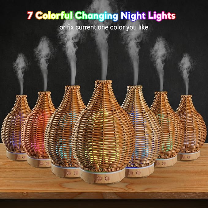Boho Essential Oil Diffuser for Home Rattan Weaving with Remote Control, 100mL 7 Changing Color Lights Ultrasonic Aroma Humidifier, Noiseless Auto-Off Sleep Mode for Bedroom Office Workout