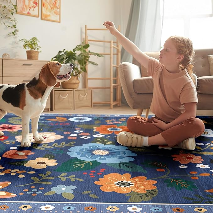 Floral 2x6 Area Rug Machine Washable Soft Print Boho Carpet Non Slip Doormat Low Pile Flower Area Rugs for Living Room Bedroom Nursery Kitchen Dining Room Indoor-Blue/Grey