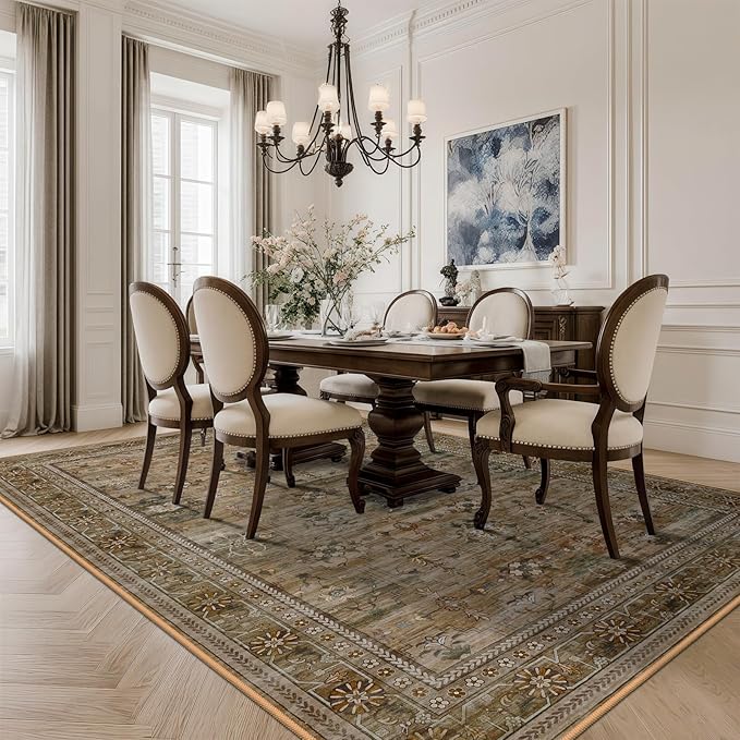 8x10 Washable Area Rug for Living Room, Non Slip Vintage Floral Print Rugs No Shedding, Distressed Thin Retro Accent Carpet for Bedroom Nursery Farmhouse Dining Room Olive/Charcoal
