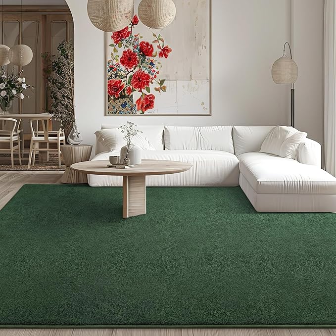Kimicole 7x10 Washable Area Rugs for Living Room Bedroom, Large Low Pile Ulta-Thin Solid Color Rug, Non-Slip Soft Fluffy Carpet for Nursery Kids Room Dorm Room Home Decor (Dark Green)