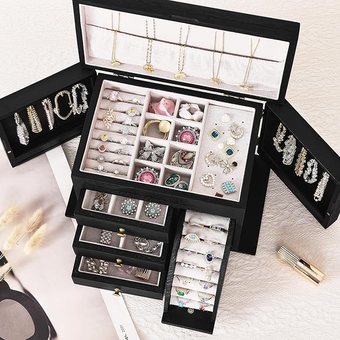 Jewelry Box Organizer, Solid Wood Jewelry Boxes for Women, Double Layer Jewelry Organizer Box Display Earring Necklace Bracelet Ring, Rustic Style Small Jewelry Box for Girls (Black)