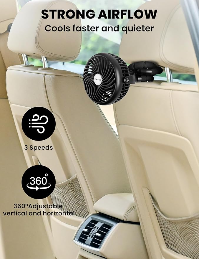 AMACOOL Baby Stroller Fan - 5000mAh Rechargeable, 3-Speed, Strong Yet Quiet, 360°Rotate Portable Clip on Fan for Travel, Car Seat, Crib, Bike, Treadmill, Beach Vacation Essentials