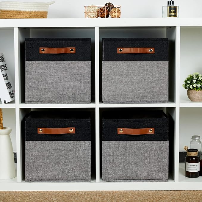 HNZIGE Fabric Cube Storage Baskets 11x11, Set of 4, Foldable Baskets with Handlesfor Organizer Closet(Black Gray)