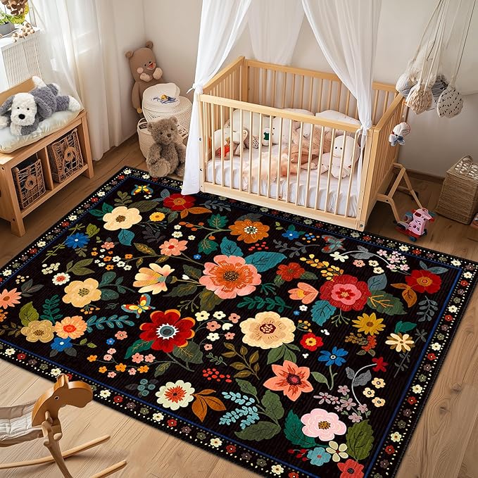 Floral 6x9 Area Rug Machine Washable Soft Print Boho Carpet Non Slip Doormat Low Pile Flower Area Rugs for Living Room Bedroom Nursery Kitchen Dining Room Indoor-Black